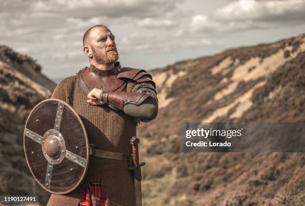 scottish warrior wearing a kilt - viking shield stock pictures, royalty-free photos & images