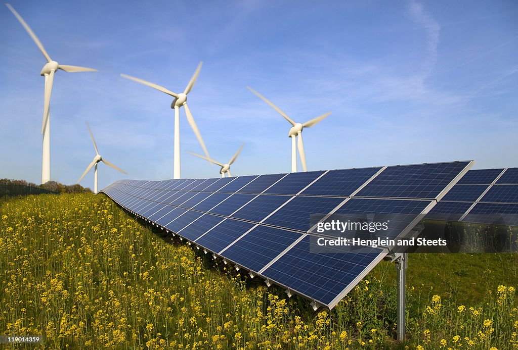 Solar panels and wind turbines in field