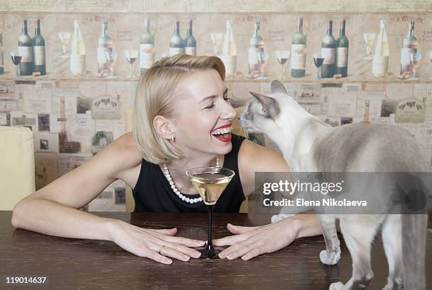 woman drinking martini with cat - cat drinking stock-fotos und bilder