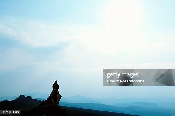 man admiring mountain view - silhouette sitting stock pictures, royalty-free photos & images