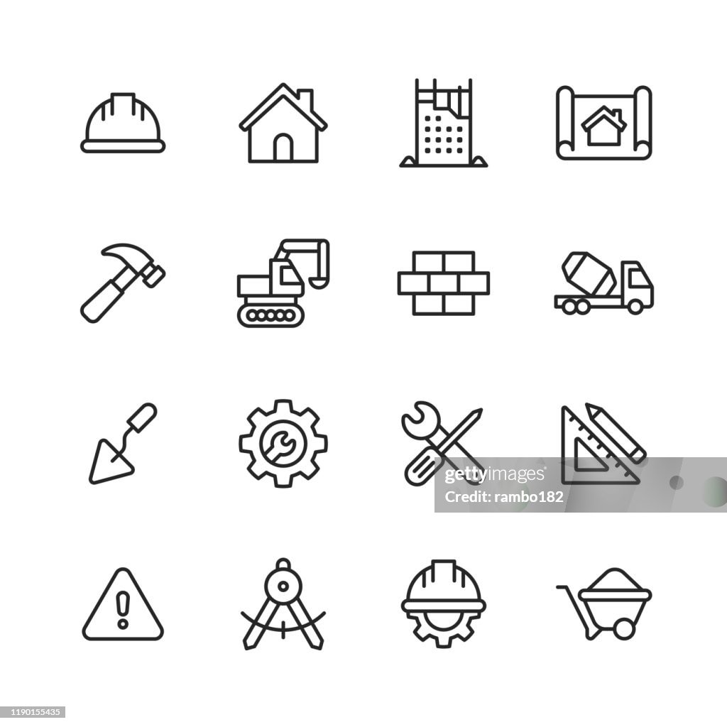 Iconos de línea de construcción. Trazo editable. Píxel perfecto. Para móviles y web. Contiene iconos tales como Construcción, Reparación, Renovación, Plano, Casco, Martillo, Ladrillo, Herramientas de Trabajo, Espátula.