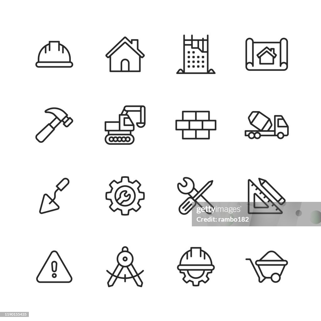 Construction Line Icons. Editable Stroke. Pixel Perfect. For Mobile and Web. Contains such icons as Construction, Repair, Renovation, Blueprint, Helmet, Hammer, Brick, Work Tools, Spatula.