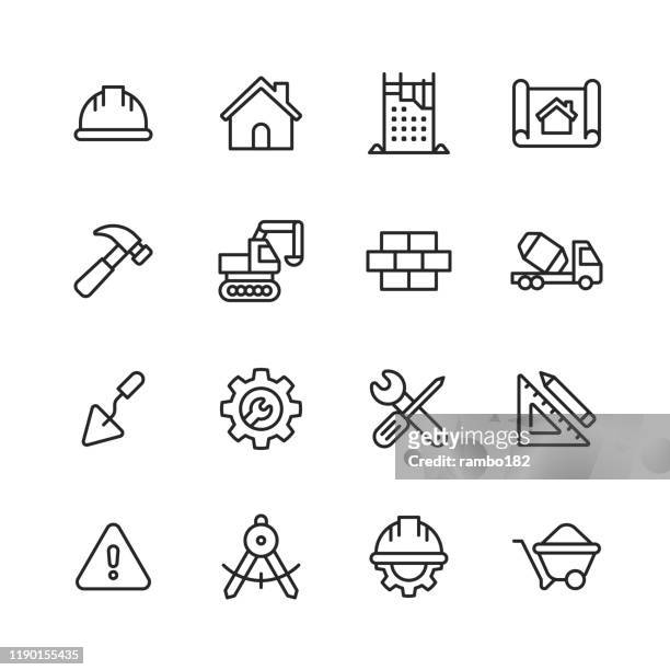 construction line icons. editable stroke. pixel perfect. for mobile and web. contains such icons as construction, repair, renovation, blueprint, helmet, hammer, brick, work tools, spatula. - built structure stock illustrations