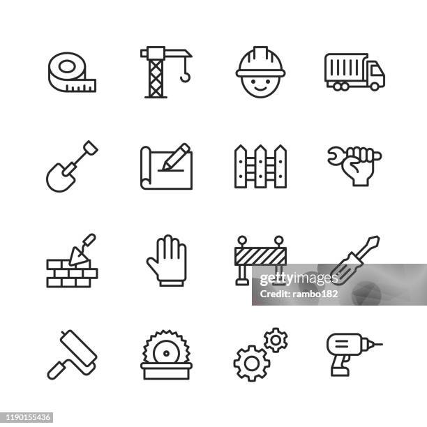 construction line icons. editable stroke. pixel perfect. for mobile and web. contains such icons as construction, repair, warning sign, screwdriver, glove, painting roll, blueprint. - power tool stock illustrations