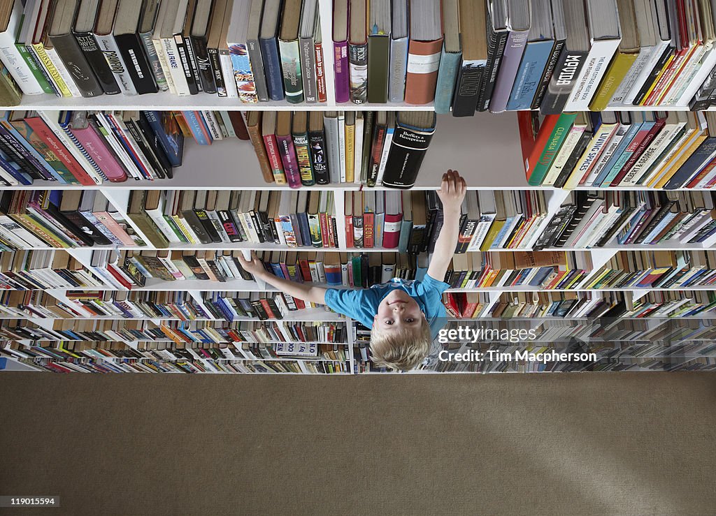 Boy climbing bookshelves