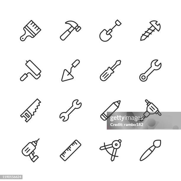 ilustrações de stock, clip art, desenhos animados e ícones de work tools line icons. editable stroke. pixel perfect. for mobile and web. contains such icons as wrench, saw, work tools, screwdriver, screw, paintbrush, shovel, chainsaw, ruler, axe, hammer. - mechanic