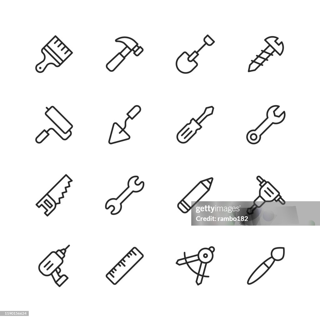 Work Tools Line Icons. Editable Stroke. Pixel Perfect. For Mobile and Web. Contains such icons as Wrench, Saw, Work Tools, Screwdriver, Screw, Paintbrush, Shovel, Chainsaw, Ruler, Axe, Hammer.