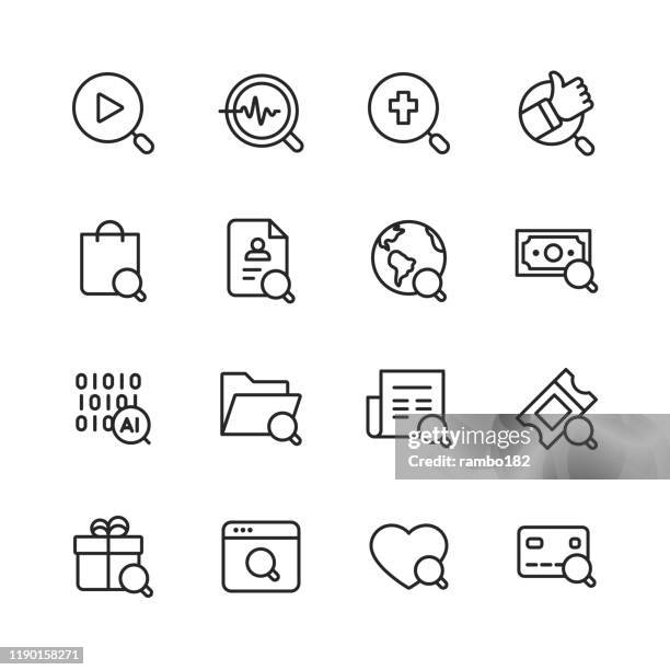 ilustrações de stock, clip art, desenhos animados e ícones de search line icons. editable stroke. pixel perfect. for mobile and web. contains such icons as search, seo, magnifying glass, shopping, investing, artificial intelligence, gift, credit card. - procurar