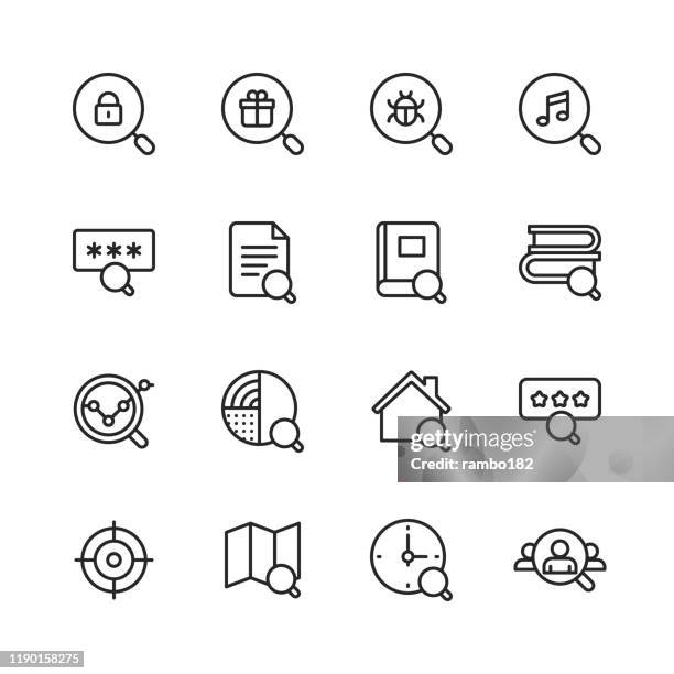 ilustraciones, imágenes clip art, dibujos animados e iconos de stock de iconos de línea de búsqueda. trazo editable. píxel perfecto. para móviles y web. contiene iconos como búsqueda, seo, lupa, búsqueda de trabajo, seguridad, investigación, bienes raíces, navegación. - job search