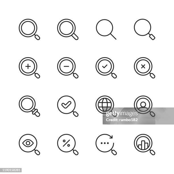 illustrations, cliparts, dessins animés et icônes de rechercher des icônes de ligne. accident vasculaire cérébral modifiable. pixel parfait. pour mobile et web. contient des icônes telles que search, seo, magnifying glass, job hunting, searching, looking, deal hunting. - détermination intérieure