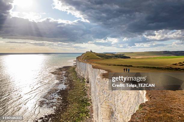 panoramisch uitzicht op de kliffen van seven sisters - beachy head stockfoto's en -beelden