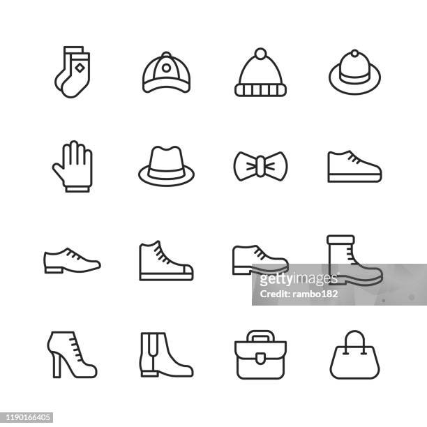 clothing and fashion line icons. editable stroke. pixel perfect. for mobile and web. contains such icons as clothes, fashion, shoe, high heel shoes, sport shoes, hand bag, socks, hat, bow. - boot stock illustrations