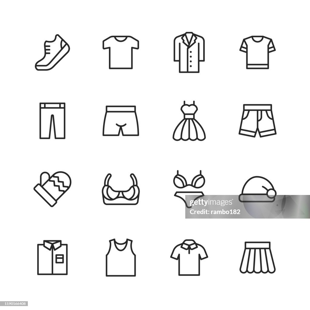 Kleding en modelijn iconen. Bewerkbare lijn. Pixel perfect. Voor mobiel en Internet. Bevat dergelijke iconen zoals kleding, mode, jas, T-shirt, jas, schoen, ondergoed, beha, rok, overhemd, jurk.