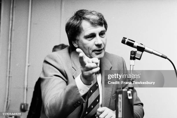 English footballer and football manager Bobby Robson talks at a press conference after England vs East Germany, International Friendly match, at...