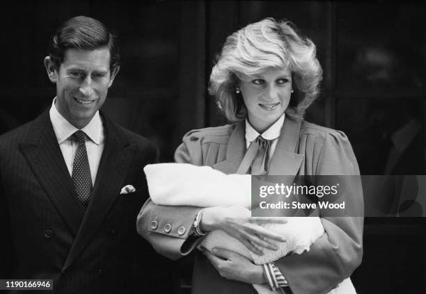 Diana Princess of Wales and Prince Charles with newborn Prince Harry, leave St Mary's Hospital in Paddington, London, UK, 16th September 1984; Diana...