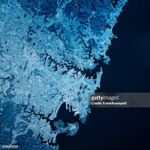 sydney australië 3d render kaart blauw top view jul 2019 - new south wales stockfoto's en -beelden