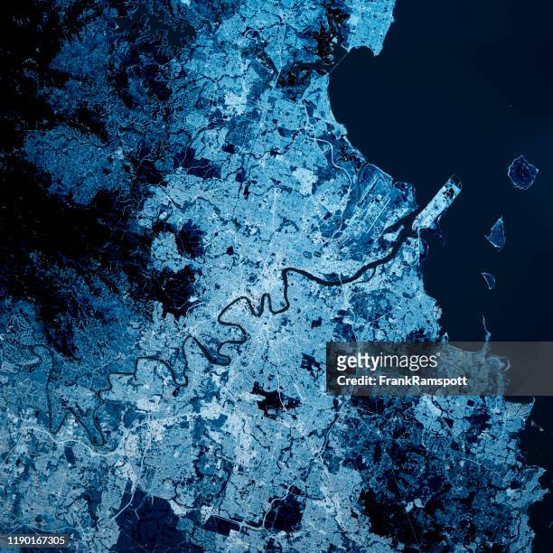brisbane australië 3d render kaart blue top view sept 2019 - brisbane stockfoto's en -beelden