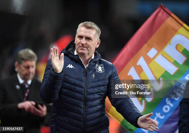 Villa manager Dean Smith applauds the fans before the Premier League match between Aston Villa and Newcastle United at Villa Park on November 25,...