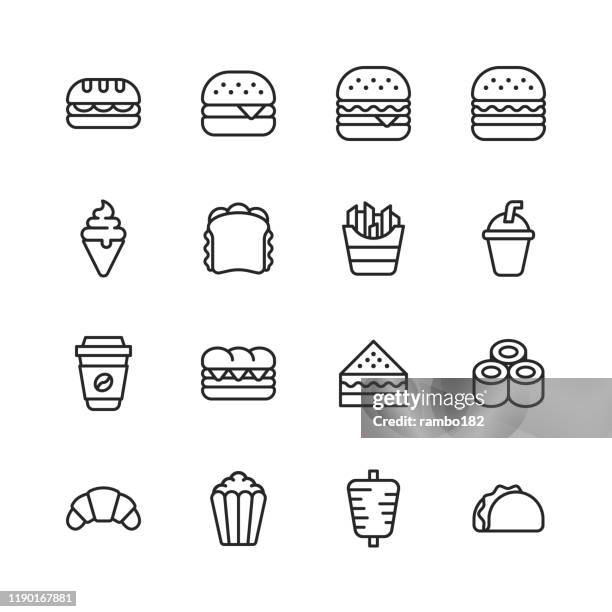 fast food line icons. editable stroke. pixel perfect. for mobile and web. contains such icons as fast food, eating, restaurant, hamburger, sandwich, ice cream, fries, soda, sushi, popcorn. - sandwich stock illustrations