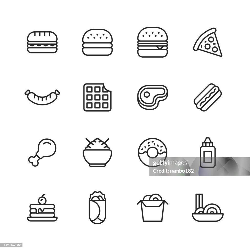 Fast-Food-Linie Icons. Bearbeitbarer Strich. Pixel perfekt. Für Mobile und Web. Enthält Symbole wie Fast Food, Essen, Restaurant, Drink, Donut, Hamburger, Pizza, Waffel, Hot Dog, Spaghetti.