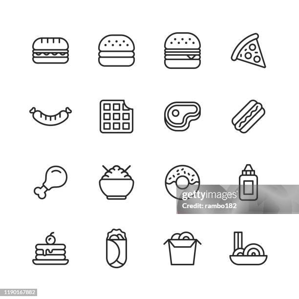 ilustraciones, imágenes clip art, dibujos animados e iconos de stock de iconos de la línea de comida rápida. trazo editable. píxel perfecto. para móviles y web. contiene iconos como comida rápida, comer, restaurante, bebida, rosquilla, hamburguesa, pizza, gofre, perro caliente, espaguetis. - waffle