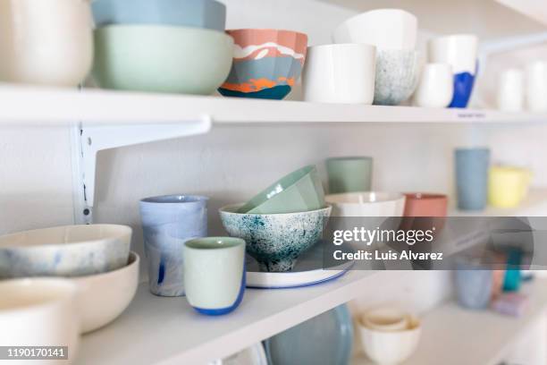 handicraft studio with colorful ceramic products - earthenware stock pictures, royalty-free photos & images
