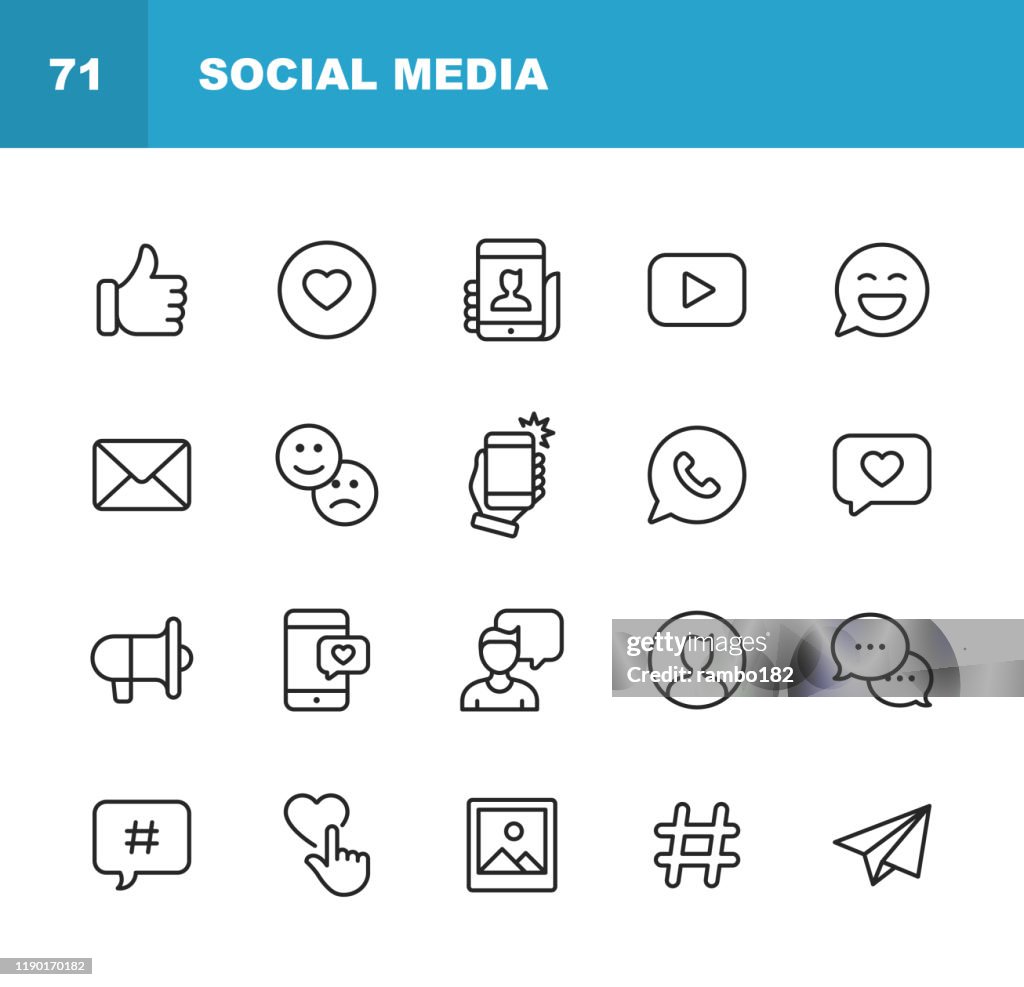 Social Media Line Icons. Bearbeitbarer Strich. Pixel perfekt. Für Mobile und Web. Enthält Symbole wie Like Button, Thumb Up, Selfie, Fotografie, Lautsprecher, Werbung, Online-Messaging, Hashtag, Benutzer.