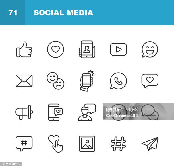 social media line icons. bearbeitbarer strich. pixel perfekt. für mobile und web. enthält symbole wie like button, thumb up, selfie, fotografie, lautsprecher, werbung, online-messaging, hashtag, benutzer. - instant messaging stock-grafiken, -clipart, -cartoons und -symbole