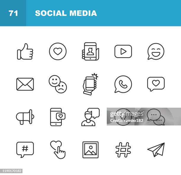 ilustraciones, imágenes clip art, dibujos animados e iconos de stock de iconos de línea de redes sociales. trazo editable. píxel perfecto. para móviles y web. contiene iconos como me gusta botón, pulgar arriba, selfie, fotografía, altavoz, publicidad, mensajería en línea, hashtag, usuario. - images