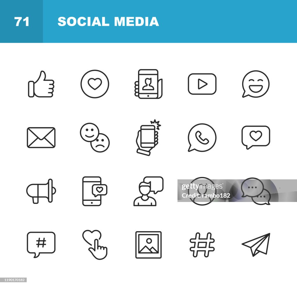 Social Media Line Icons. Editable Stroke. Pixel Perfect. For Mobile and Web. Contains such icons as Like Button, Thumb Up, Selfie, Photography, Speaker, Advertising, Online Messaging, Hashtag, User.