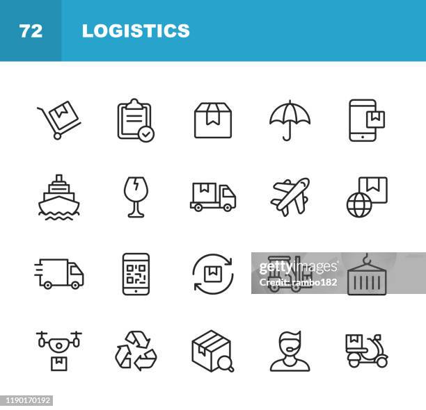 logistics and delivery line icons. editable stroke. pixel perfect. for mobile and web. contains such icons as shipping, delivery, box, insurance, ship, airplane, truck, bar code, recycling, support, drone, food delivery. - delivery person stock illustrations