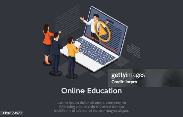 online education isometric concept, laptop with teacher, internet course for learning on home. vector illustration. - working on laptop close up stock illustrations