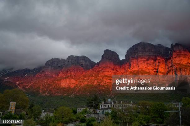 Panoramic view of Tymfi mountain range from Papingo village on May 1, 2019 in Mount Tymfi, Greece.