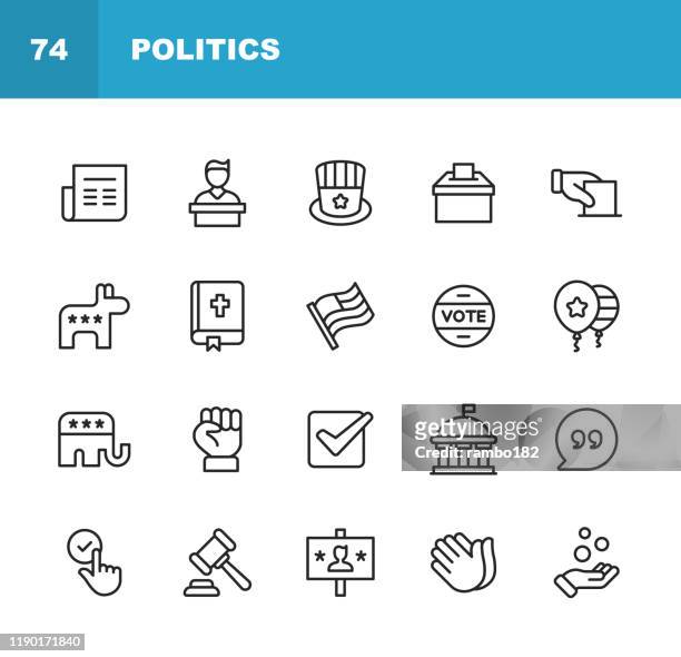 politik linie icons. bearbeitbarer strich. pixel perfekt. für mobile und web. enthält symbole wie abstimmung, kampagne, kandidat, präsident, recht, spende, regierung, kongress, republikaner, demokraten. - stimmabgabe stock-grafiken, -clipart, -cartoons und -symbole
