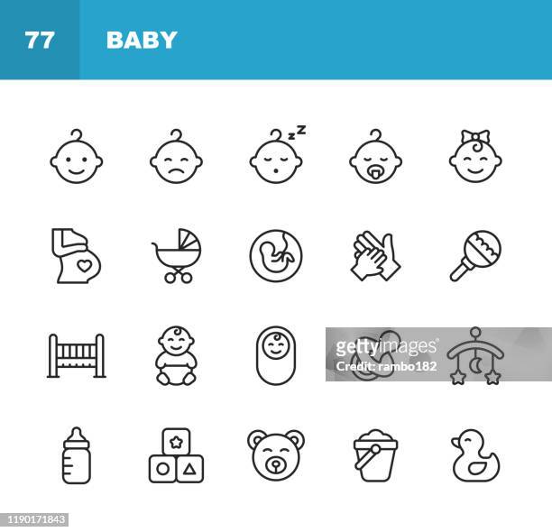 ilustraciones, imágenes clip art, dibujos animados e iconos de stock de iconos de la línea del bebé. trazo editable. píxel perfecto. para móviles y web. contiene iconos como bebé, cochecito, embarazo, leche, parto, tetina, crianza, juguete de pato, cama. - productos para bebé