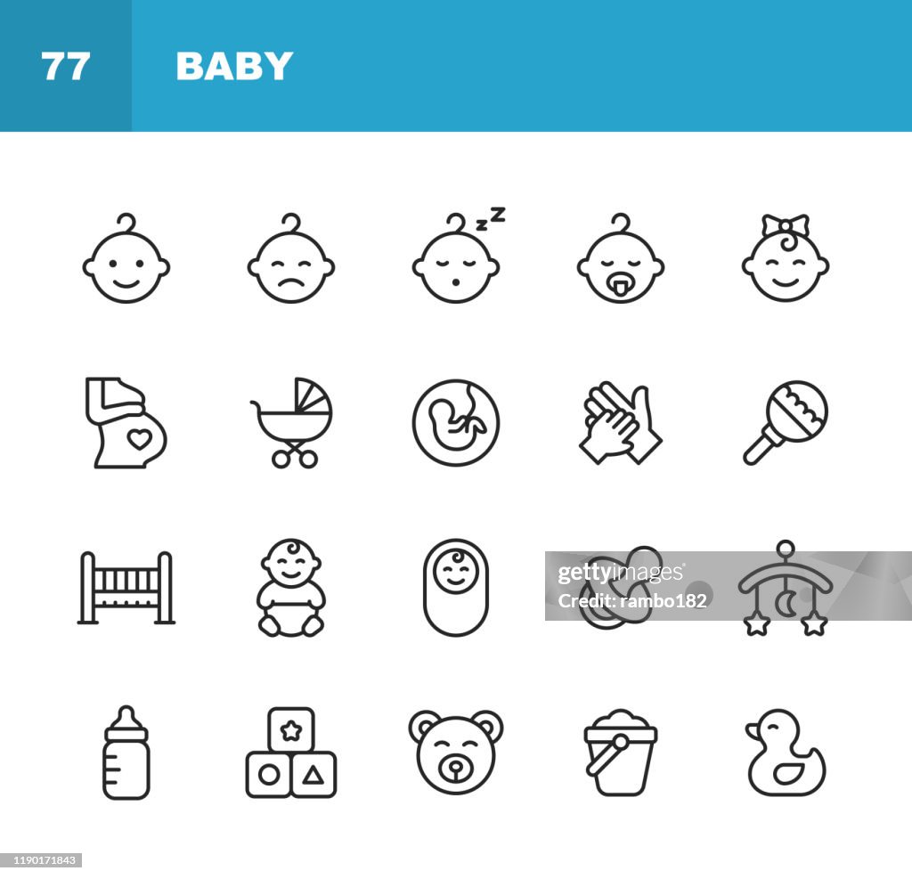 Baby Line Icons. Editable Stroke. Pixel Perfect. For Mobile and Web. Contains such icons as Baby, Stroller, Pregnancy, Milk, Childbirth, Teat, Parenting, Duck Toy, Bed.