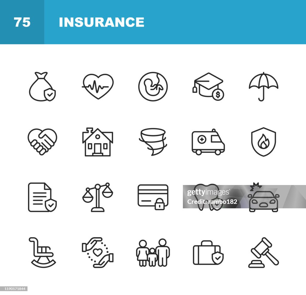 Linje ikoner för försäkringar. Redigerbar stroke. Pixel perfekt. För mobil och webb. Innehåller sådana ikoner som försäkring, agent, sjöfart, Familj, kreditkort, sjukförsäkring, besparingar, olycka.