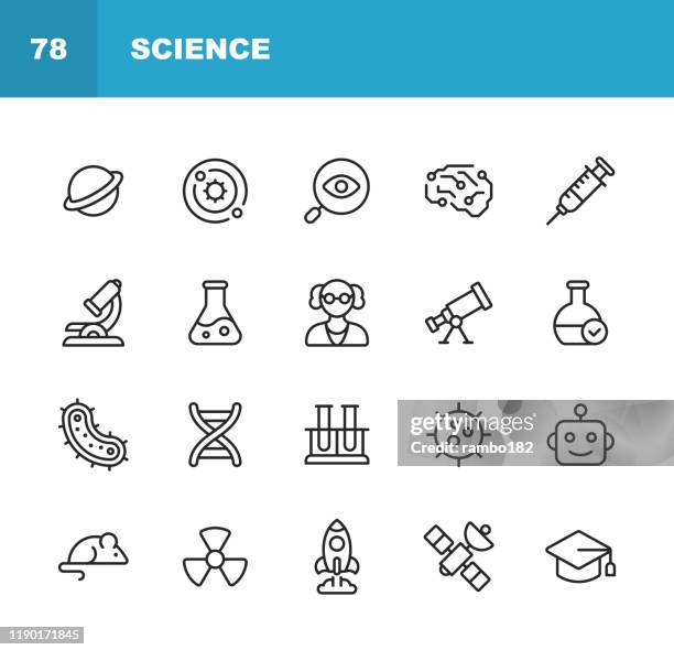 wissenschaft linie icons. bearbeitbarer strich. pixel perfekt. für mobile und web. enthält symboleweise planet, astronomie, maschinelles lernen, künstliche intelligenz, chemie, biologie, medizin, bildung, wissenschaftler, kernenergie, roboter, flasche. - chemicals stock-grafiken, -clipart, -cartoons und -symbole