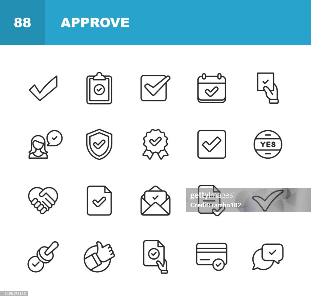 Aprobar iconos. Trazo editable. Píxel perfecto. Para móviles y web. Contiene iconos tales como Aprobar, Acuerdo, Control de Calidad, Certificado, Marca de Verificación, Logro, Garantía.