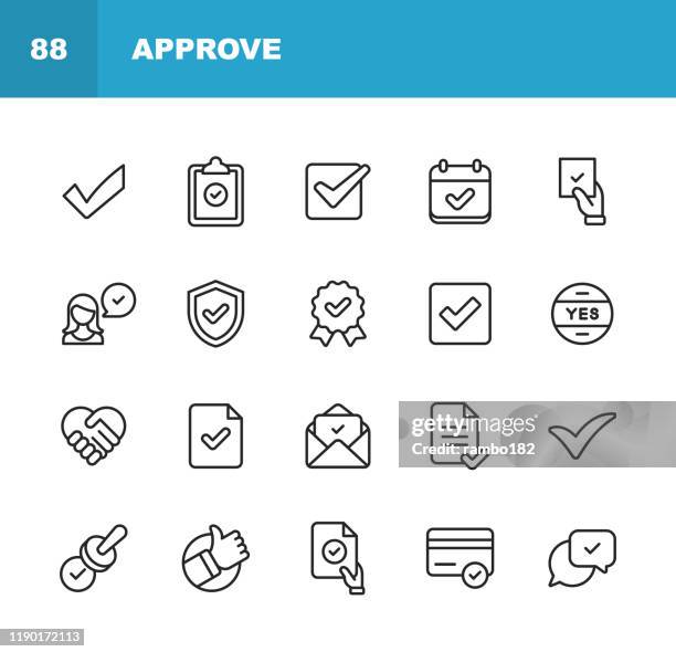 アイコンを承認します。編集可能なストローク。ピクセルパーフェクト。モバイルおよび web 用。承認、契約、品質管理、証明書、チェックマーク、達成、保証などのアイコンが含まれてい� - 許可する点のイラスト素材／クリップアート素材／マンガ素材／アイコン素材