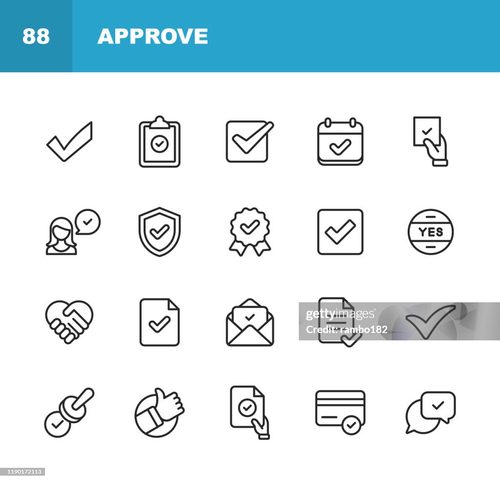 Approve Icons. Editable Stroke. Pixel Perfect. For Mobile and Web. Contains such icons as Approve, Agreement, Quality Control, Certificate, Check Mark, Achievement, Guarantee.
