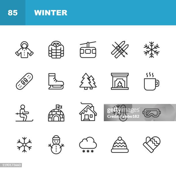 ilustraciones, imágenes clip art, dibujos animados e iconos de stock de iconos de invierno. trazo editable. píxel perfecto. para móviles y web. contiene iconos como invierno, temporada, nieve, esquí, navidad, árbol de navidad, hombre de nieve, bebida caliente, patines, chaqueta, guante, esquí, chimenea, iglú. - sports jersey