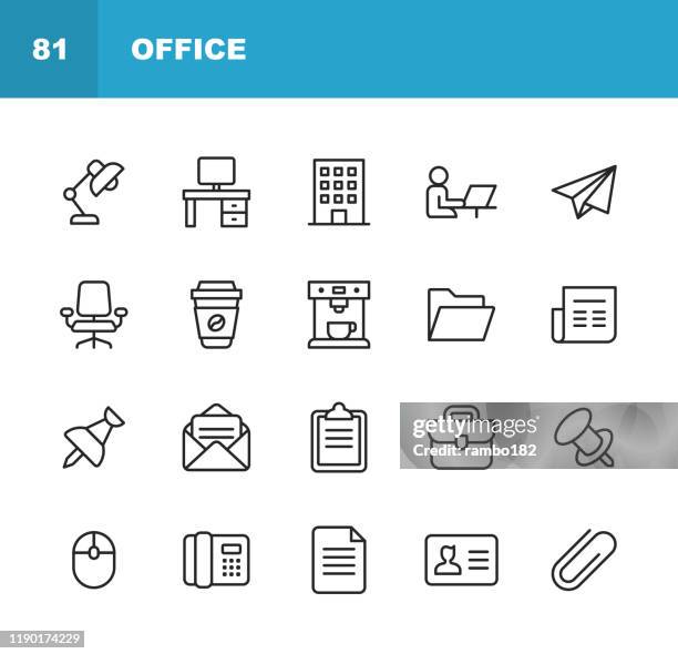 ilustraciones, imágenes clip art, dibujos animados e iconos de stock de iconos de office. trazo editable. píxel perfecto. para móviles y web. contiene iconos como office desk, office, chair, coffee, document, computer mouse, clipboard, light, messaging, communication, email, business card. - oficina