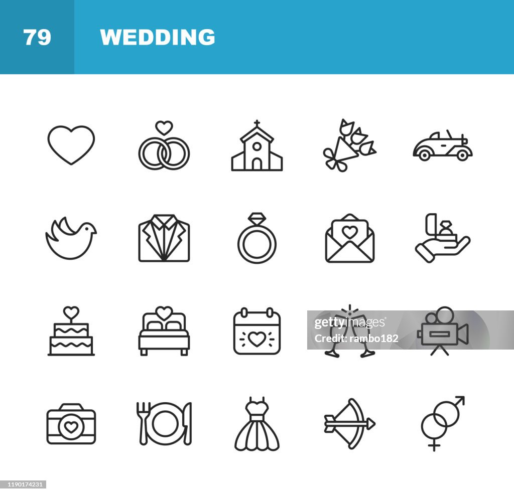 Hochzeit Icons. Bearbeitbarer Strich. Pixel perfekt. Für Mobile und Web. Enthält wie Hochzeit, Herz, Liebe, Taube, Tuxedo, Hochzeitskleid, Champagner, Verlobungsring, Kamera, Fotografie, Kirche.