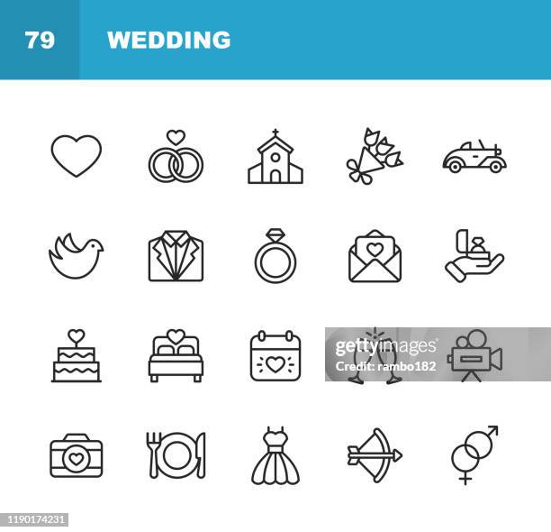 ilustraciones, imágenes clip art, dibujos animados e iconos de stock de iconos de boda. trazo editable. píxel perfecto. para móviles y web. contiene iconos tales como boda, corazón, amor, paloma, esmoquin, vestido de novia, champán, anillo de compromiso, cámara, fotografía, iglesia. - decorar