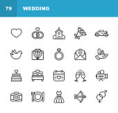 Wedding Icons. Editable Stroke. Pixel Perfect. For Mobile and Web. Contains such icons as Wedding, Heart, Love, Dove, Tuxedo, Wedding Dress, Champagne, Engagement Ring, Camera, Photography, Church.