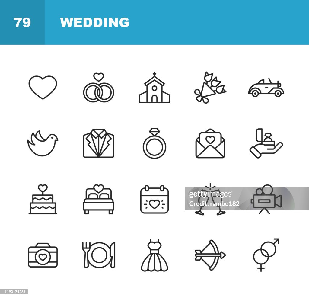 婚禮圖示。可編輯描邊。圖元完美。適用于移動和 Web。包含這樣的圖示，如婚禮，心，愛，鴿子，Tuxedo，婚紗，香檳，訂婚戒指，相機，攝影，教堂。