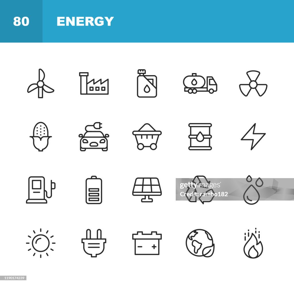 Energie- und Energiesymbole. Bearbeitbarer Strich. Pixel perfekt. Für Mobile und Web. Enthält solche Symbole wie Energie, Strom, Erneuerbare Energien, Elektrizität, Elektroauto, Kohle, Gas, Kernkraft, Batterie, Fabrik, Sonne, Solarenergie, Feuer.
