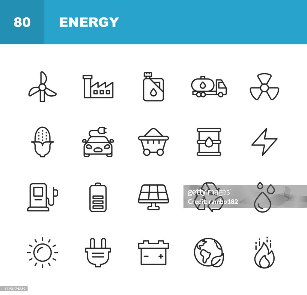 Icone di energia e potenza. Tratto modificabile. Pixel Perfetto. Per dispositivi mobili e Web. Contiene icone come Energia, Energia, Energia Rinnovabile, Elettricità, Auto Elettrica, Carbone, Gas, Energia Nucleare, Batteria, Fabbrica, Sole, Energia Solare