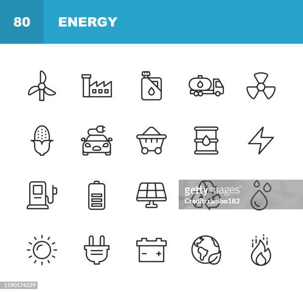 stockillustraties, clipart, cartoons en iconen met energie-en vermogens pictogrammen. bewerkbare lijn. pixel perfect. voor mobiel en internet. bevat dergelijke iconen zoals energie, macht, hernieuwbare energie, elektriciteit, elektrische auto, kolen, gas, kernenergie, batterij, fabriek, zon, zonne-energie, - energie industrie